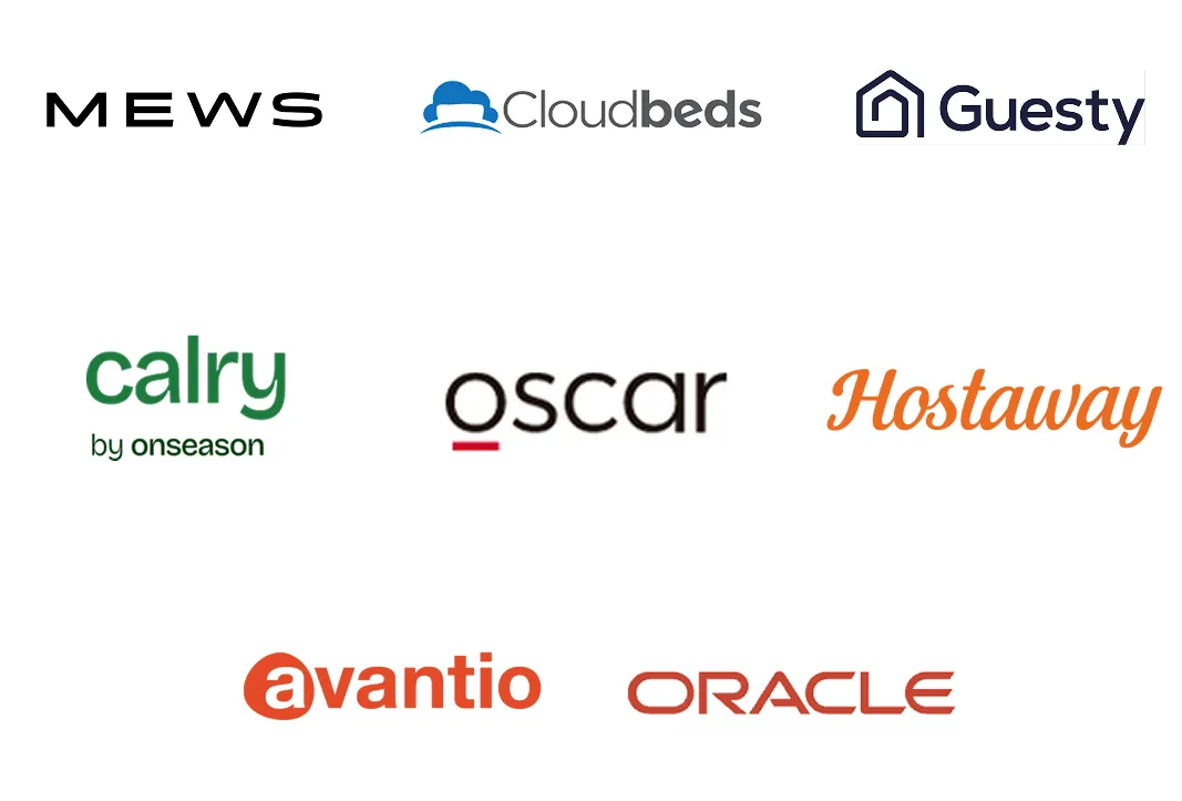Logos of various hospitality and tech platforms integrated with Dharma OPS, including Oracle, Cloudbeds, Mews, and others