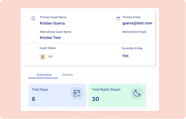 Digital guest profile interface showing stay history, total nights stayed, and personalized customer data