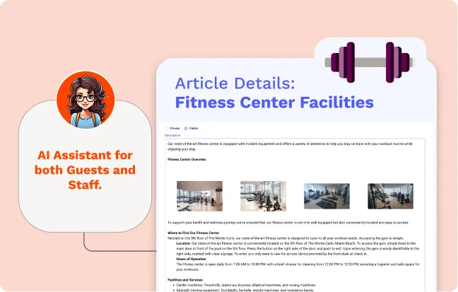 AI assistant dashboard with digital guides for property amenities and fitness center details