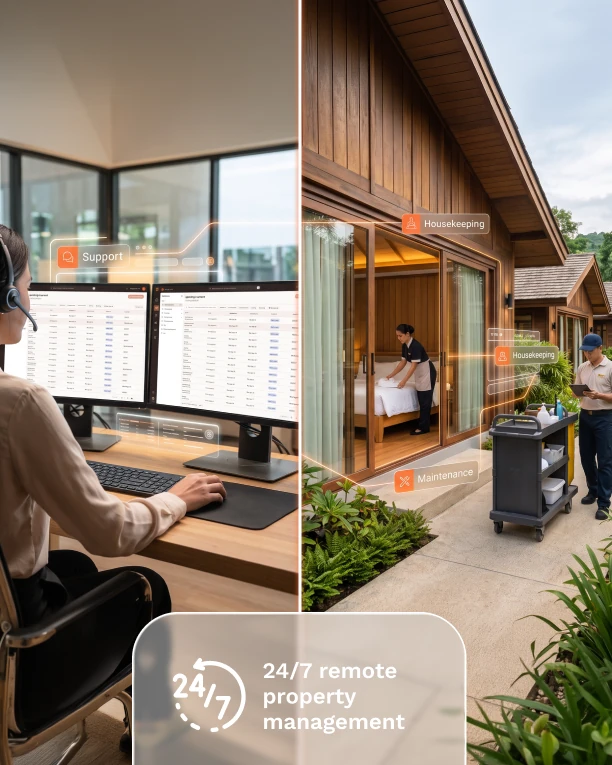 Split view: a Dharma remote team member handling support in Dharma OPS, and on-site housekeeping and maintenance staff at a property, labeled 24/7 remote property management