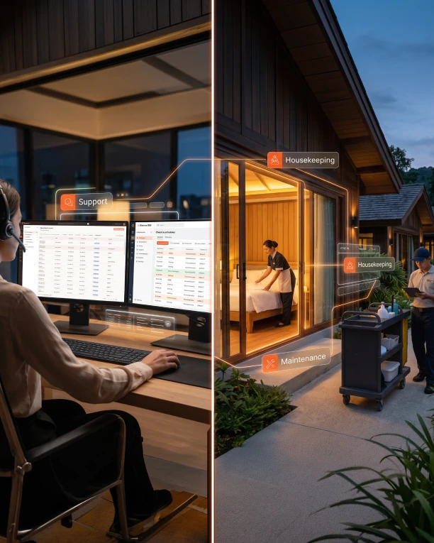 Split view at night: a Dharma remote team member handling support in Dharma OPS, and on-site housekeeping and maintenance staff at a vacation rental