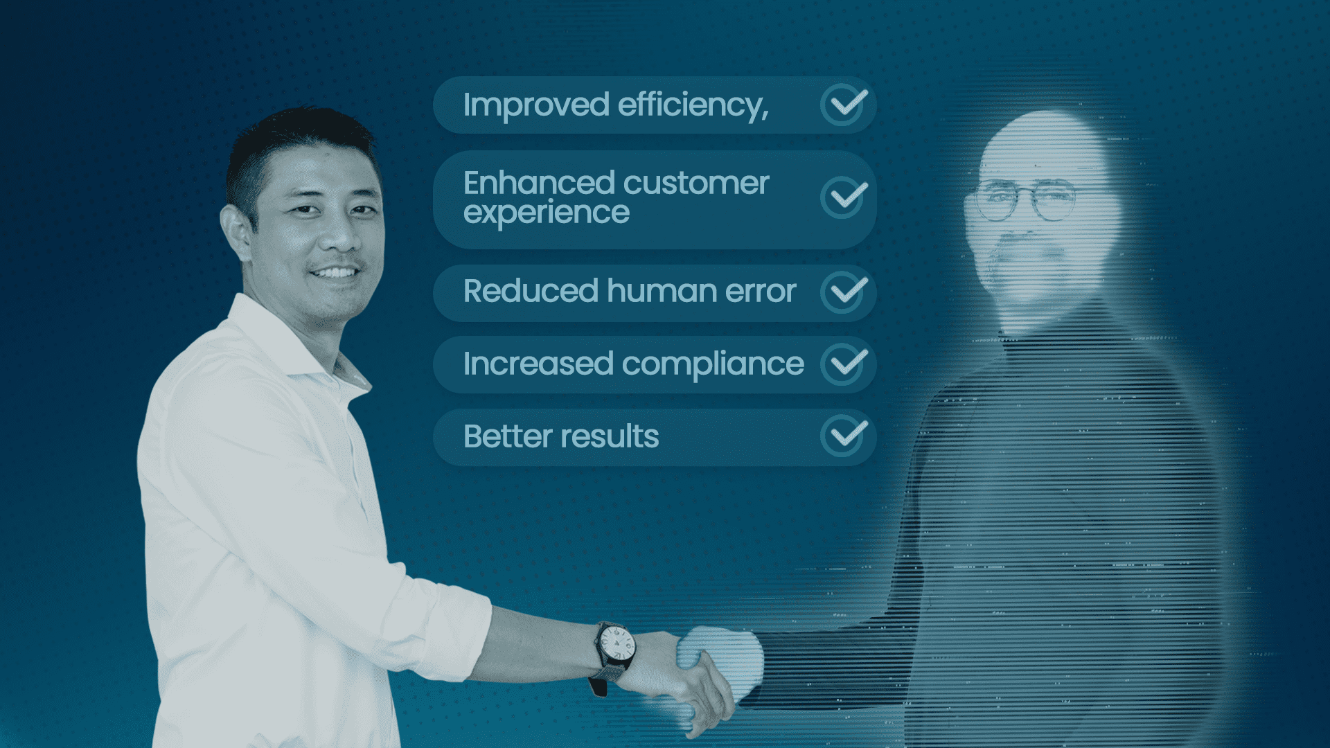 A handshake between a debt collector and an AI agent, with a list of the benefits of AI in debt collection