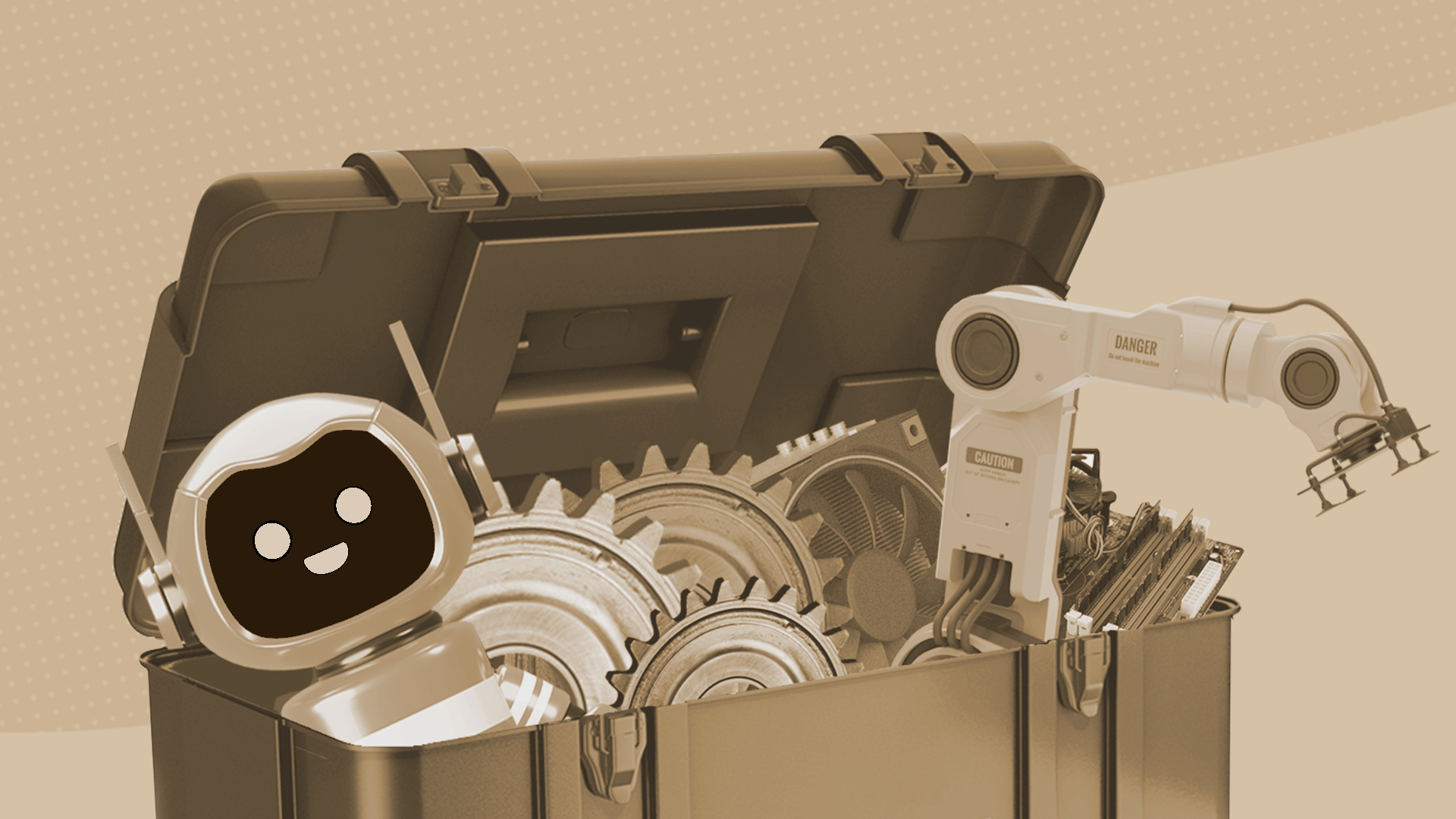 Automation Toolbox: A picture of a toolbox containing various icons representing key automation technologies and terms used in digital debt collection. Examples include robotic arms for Robotic Process Automation (RPA), gears for process automation, and a chatbot icon for AI-driven customer communication.