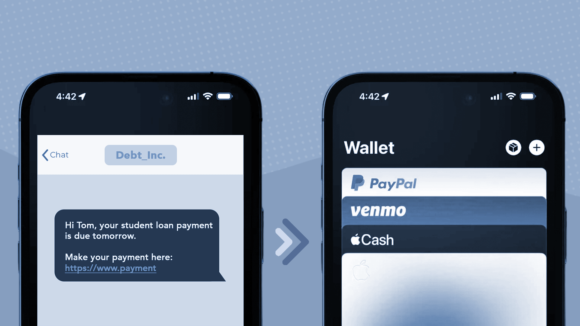 A text message chat between a debt collector and a debtor with a link that goes to a page with different payment options displayed, such as PayPal, Venmo, and Apple Pay. 