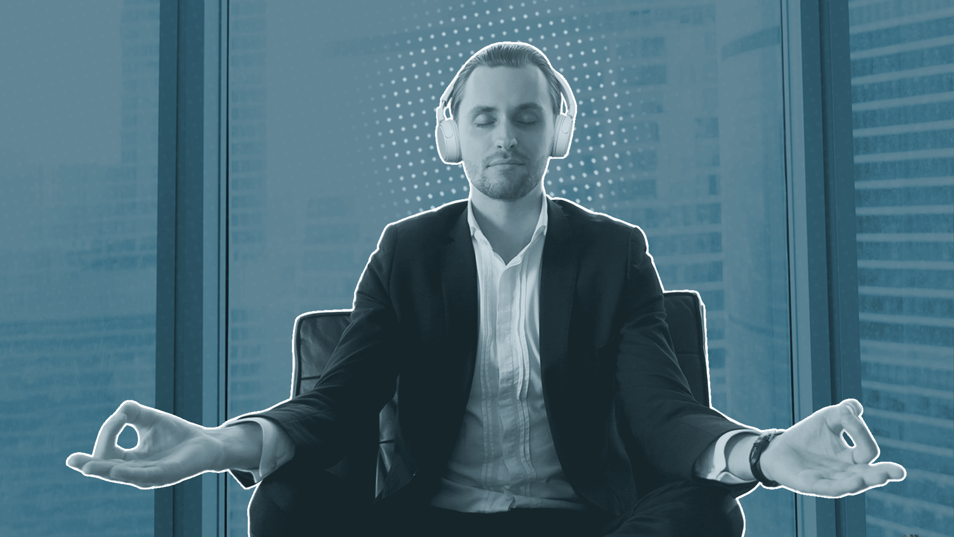 a debt collector practicing mindfulness or meditation at their desk, wearing headphones.