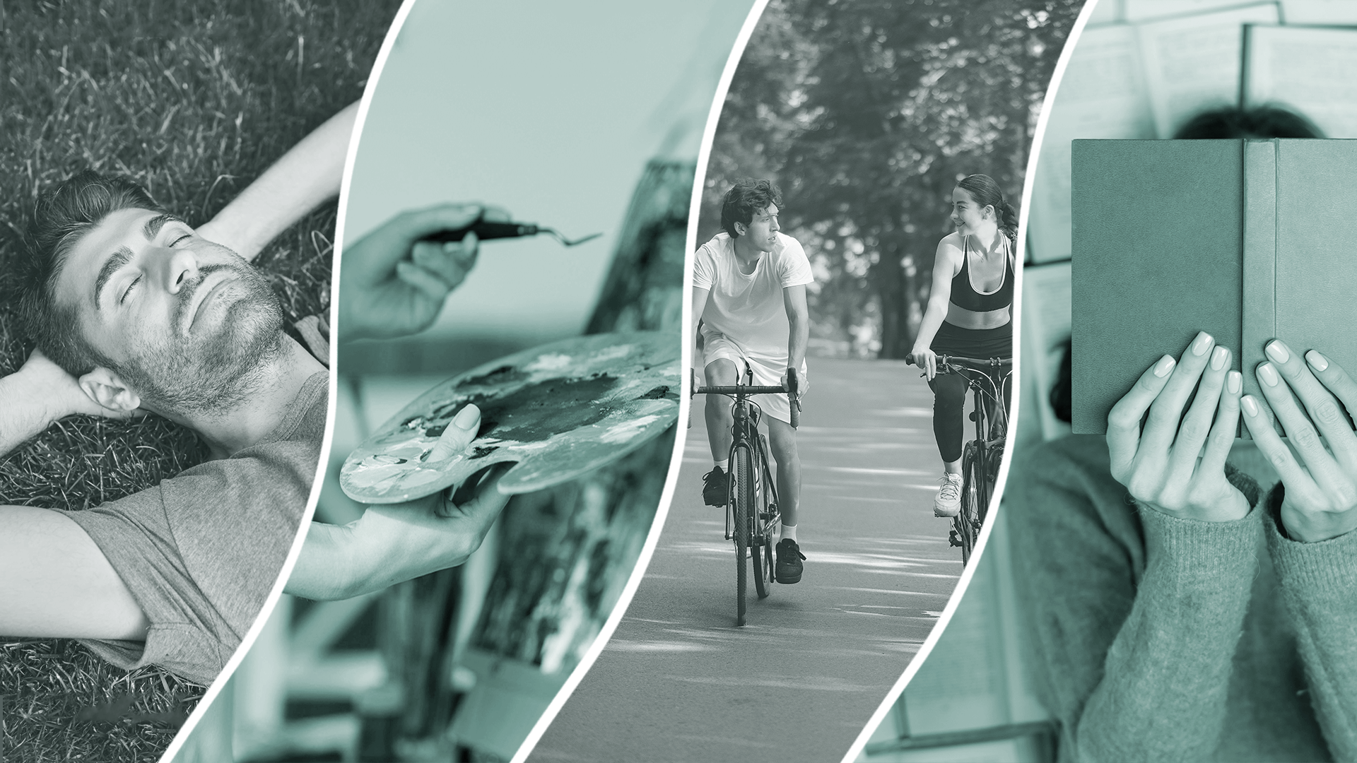 A collage of images representing different self-care activities, such as spending time in nature, engaging in hobbies, exercising, or enjoying time with friends and family