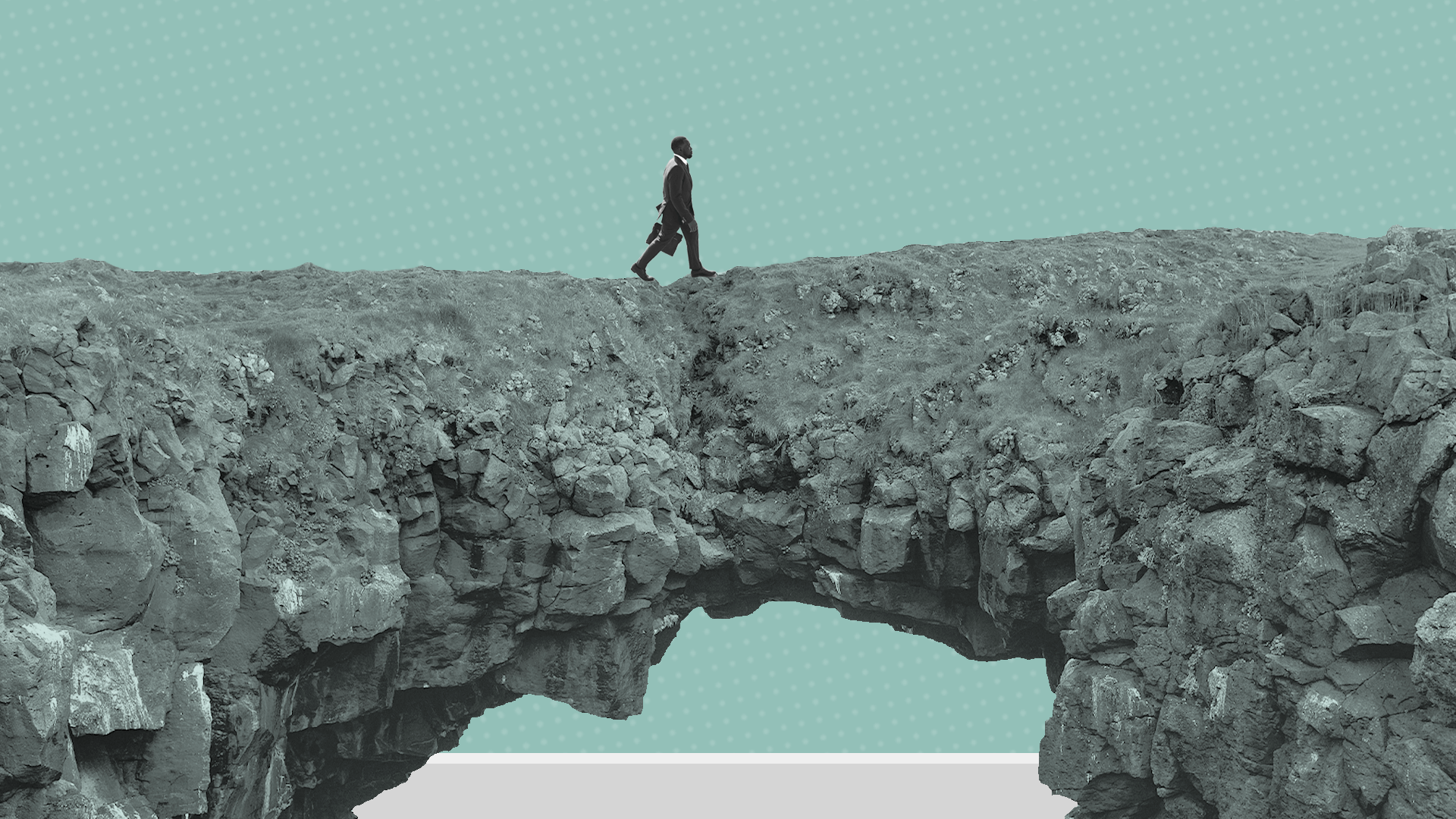 A bridge connecting two cliffs, with a debt collector walking across it, representing the journey from emotional distress to emotional well-being