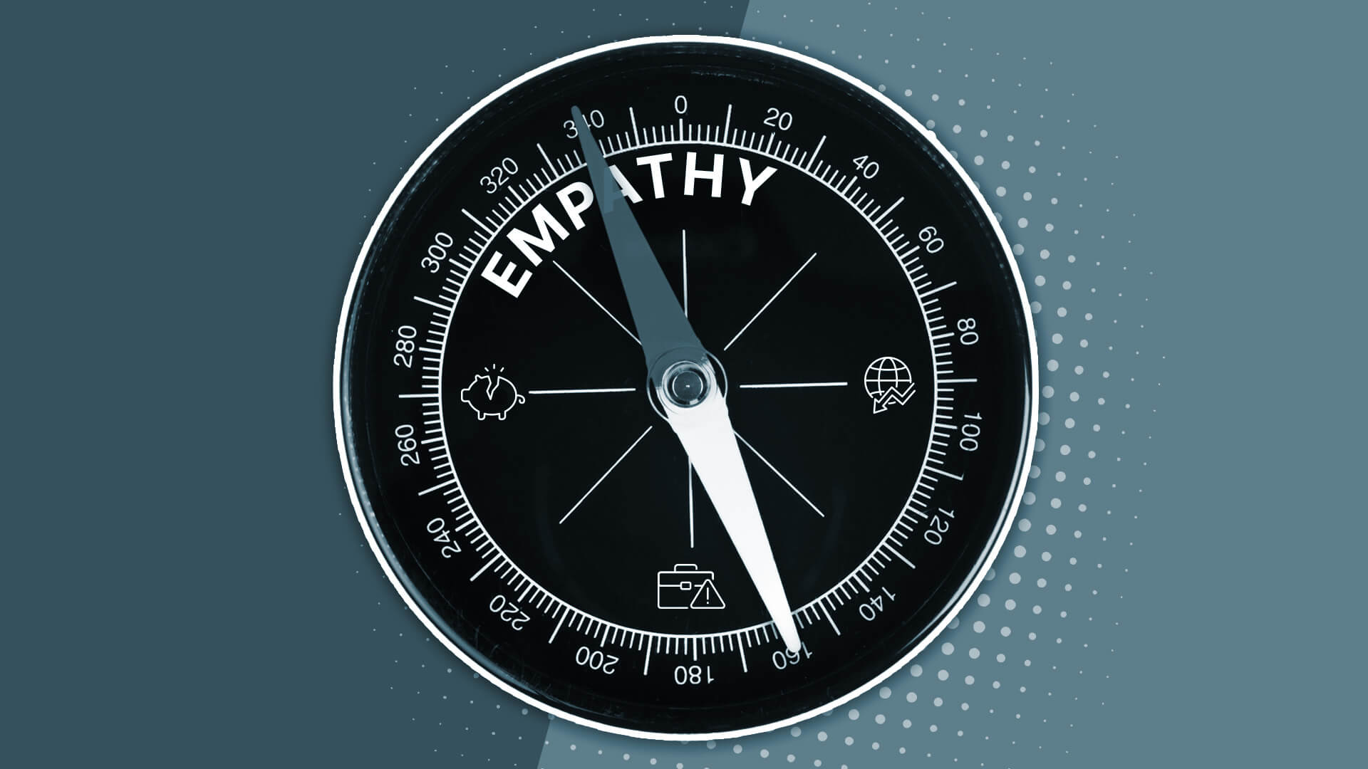 A compass with the needle pointing towards the word "Empathy." Representing the importance of empathy in debt collection