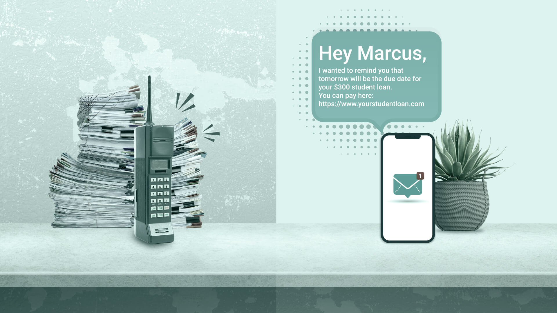 side by side comparison. On the left, an old phone with spider webs  surrounded by stacks of papers. On the right, a clean mobile chat with a debt collection bot