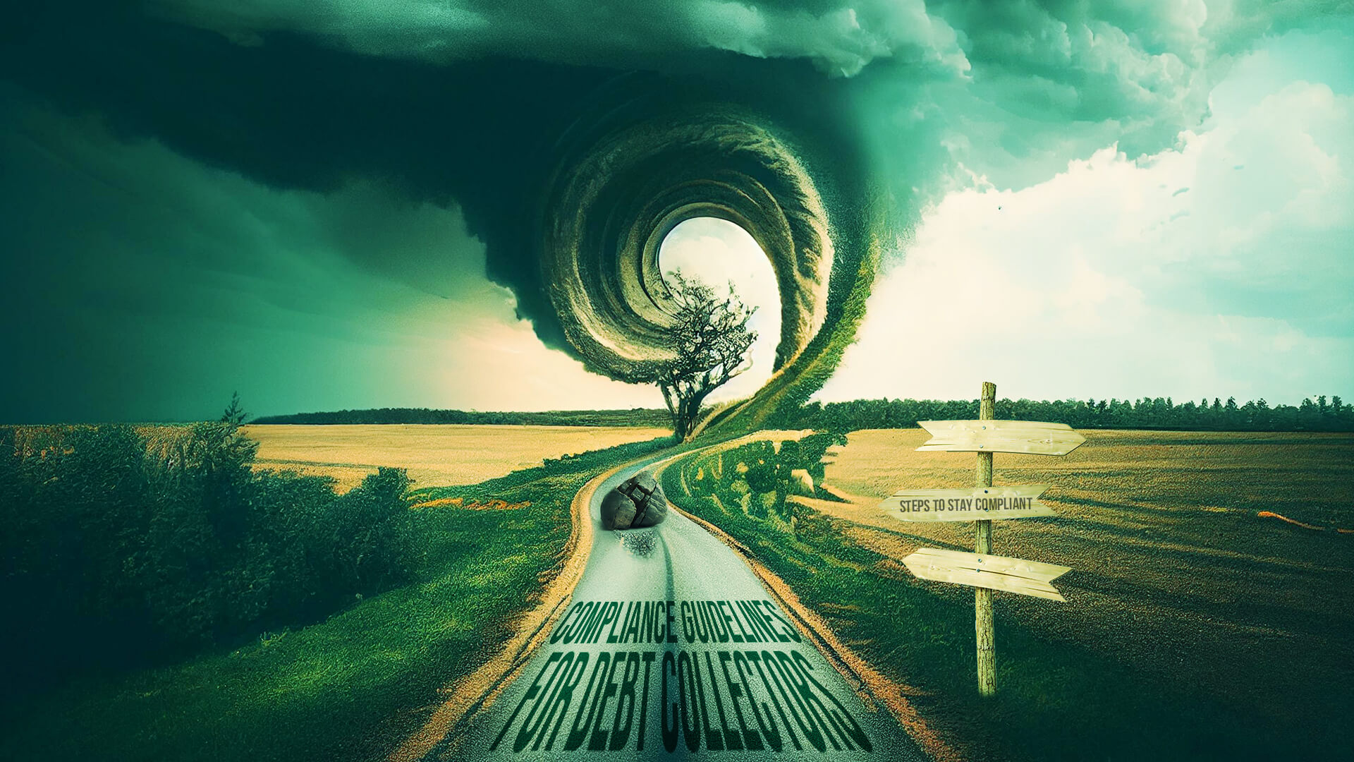 A Path winding through a landscape filled with potential obstacles, such as cliffs, thickets, or storm clouds. Each obstacle could represent a potential compliance pitfall or regulatory challenge. The path itself could be labeled "Compliance Guidelines for Debt Collectors". Along the path, there could be signposts with key tips or steps to stay compliant.
