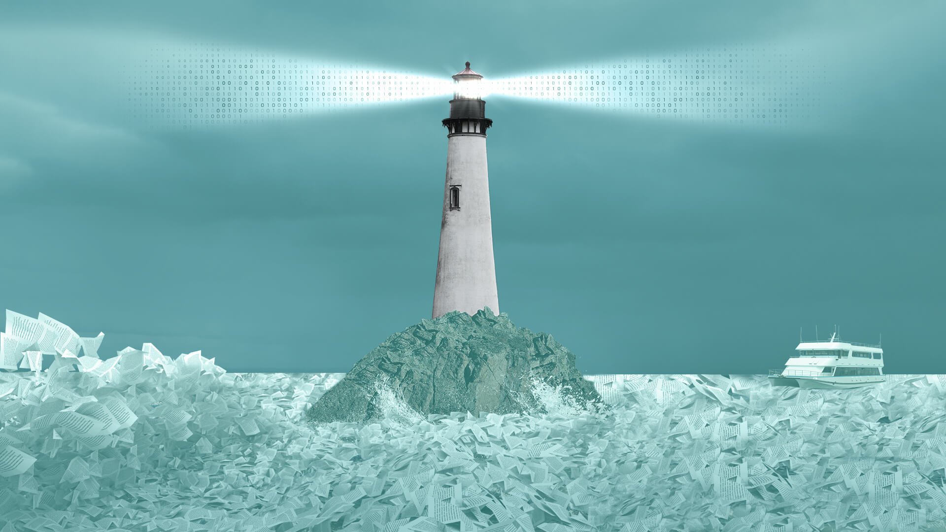 A lighthouse with a beacon of binary code, guiding a ship through a sea of paper documents.
