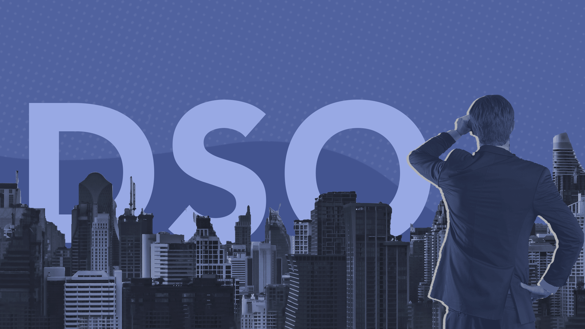 Debt collector , looking through binoculars into the city horizon where you can see the word "DSO" emerging like the sun