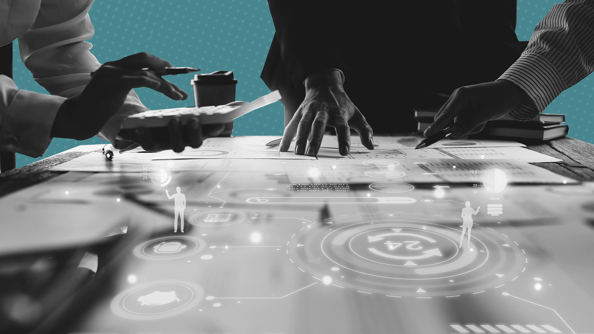 A group of debt collectors surrounding a digital table