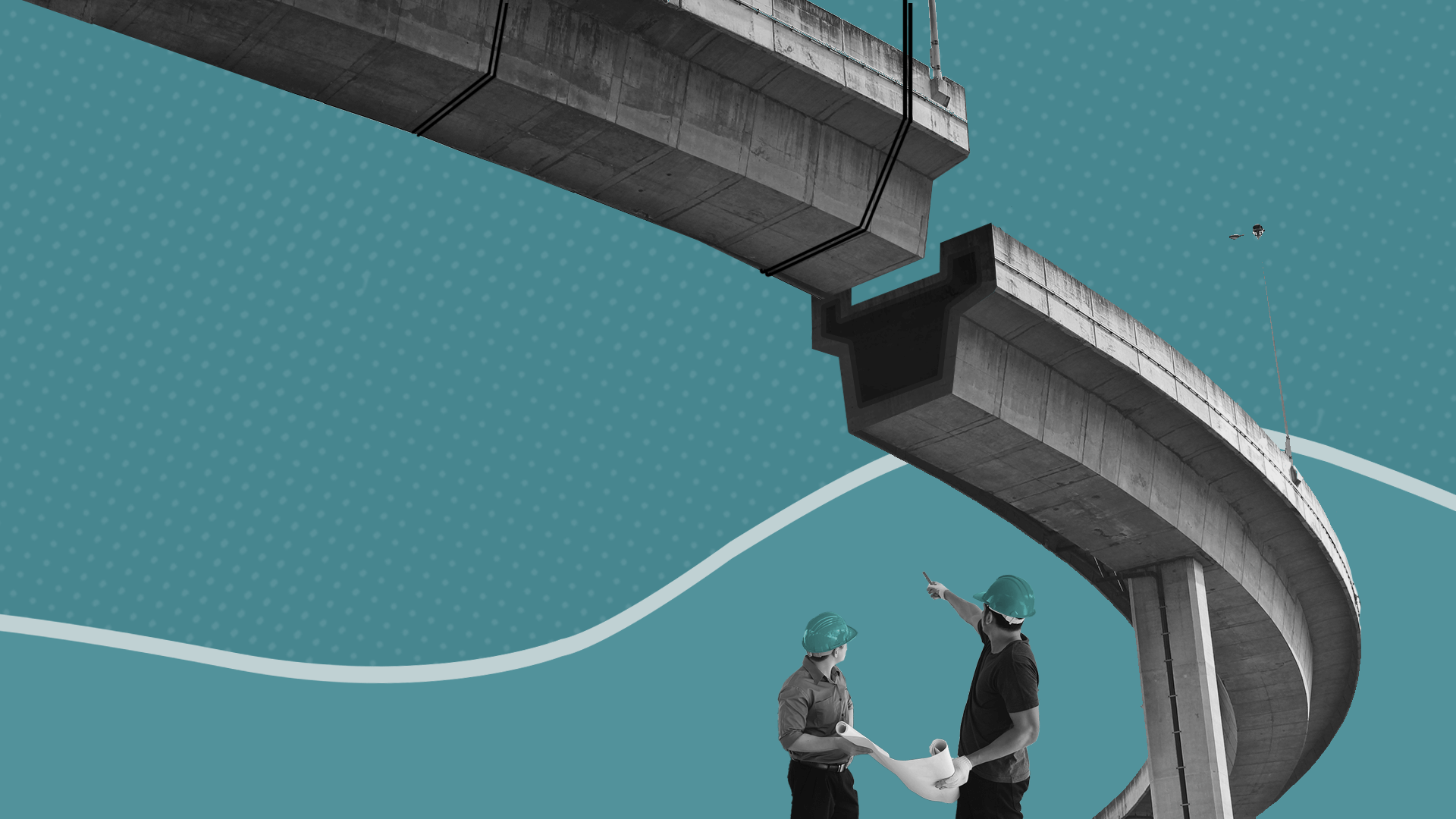 Constructors building a bridge, as a representation of overcoming the challenges in employee training for digital debt collection