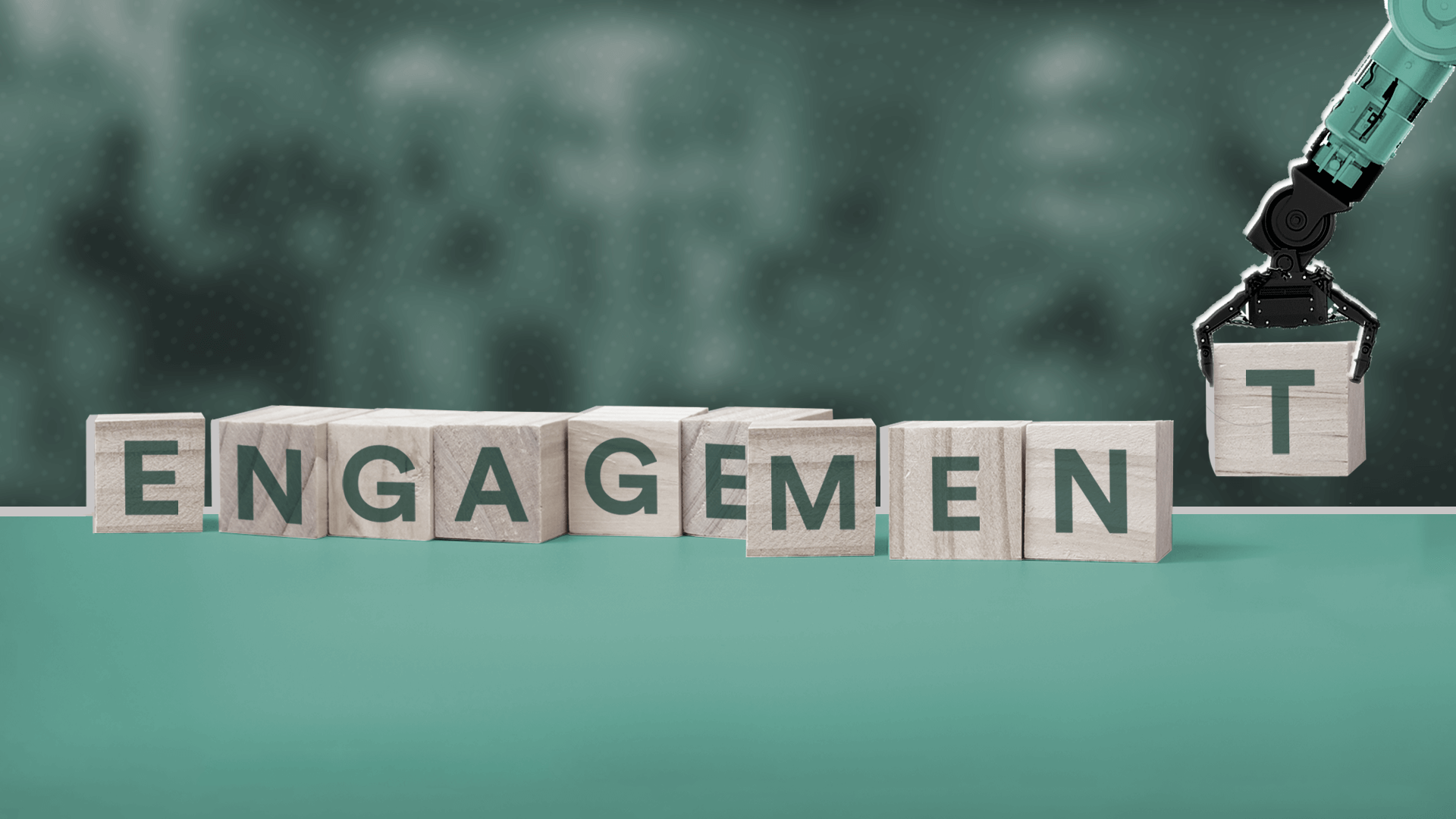 A robotic arm forming the word "engagement" out of wooden blocks