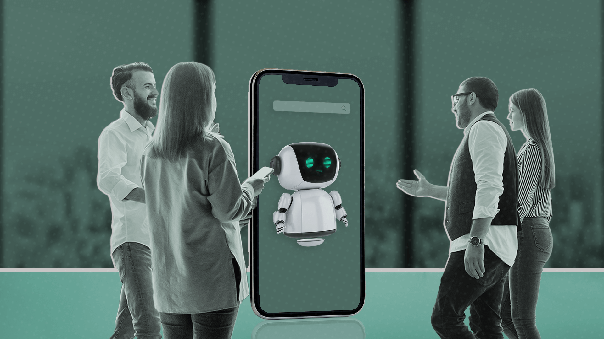 A group of people engaging with an AI througha phone interface
