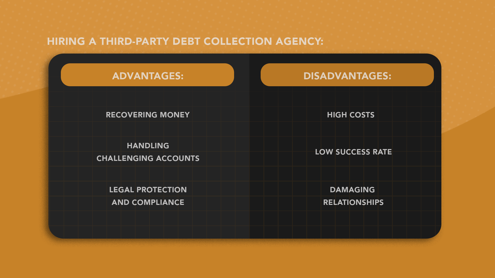 An inphographic of the advantages and disadvantages of hiring a third-perty debt collector