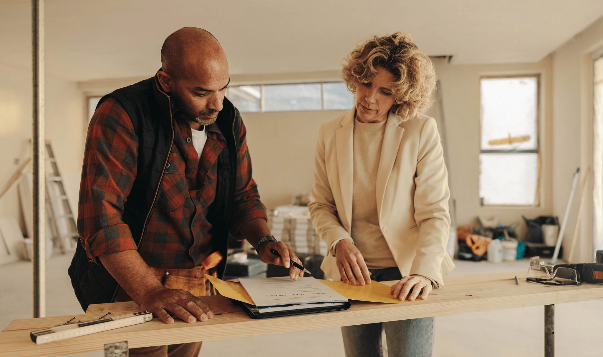 A man and woman looking over designs in a new house