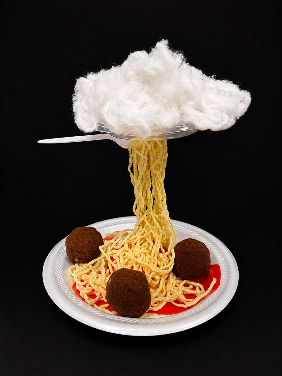 A cotton-candy cloud using layered textures, soft colors, and a floating fork.