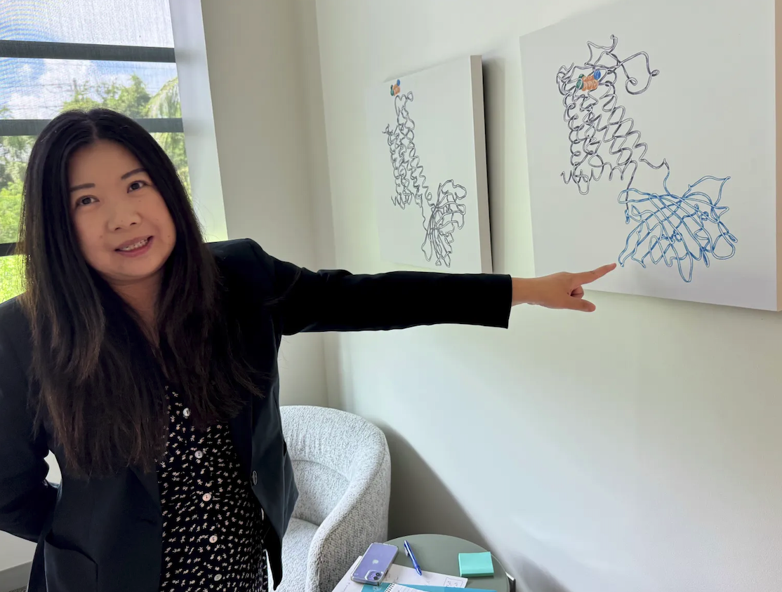 Dr. Tian standing and pointing at a picture on the wall