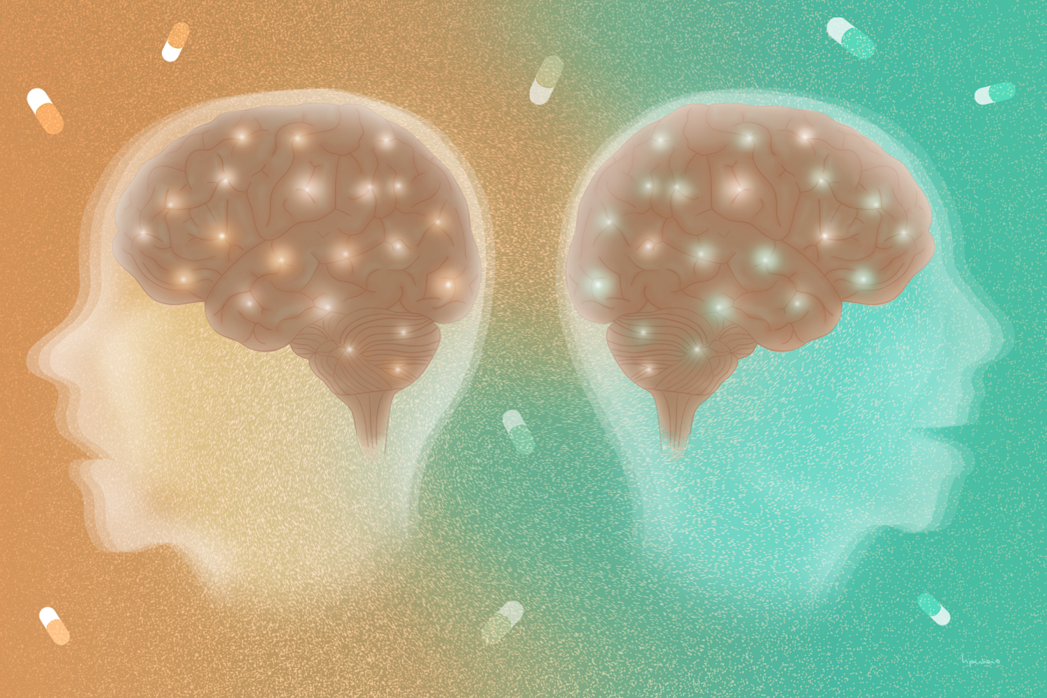 Rendering of back to back heads showing their brains with drawn pill capsules in the background