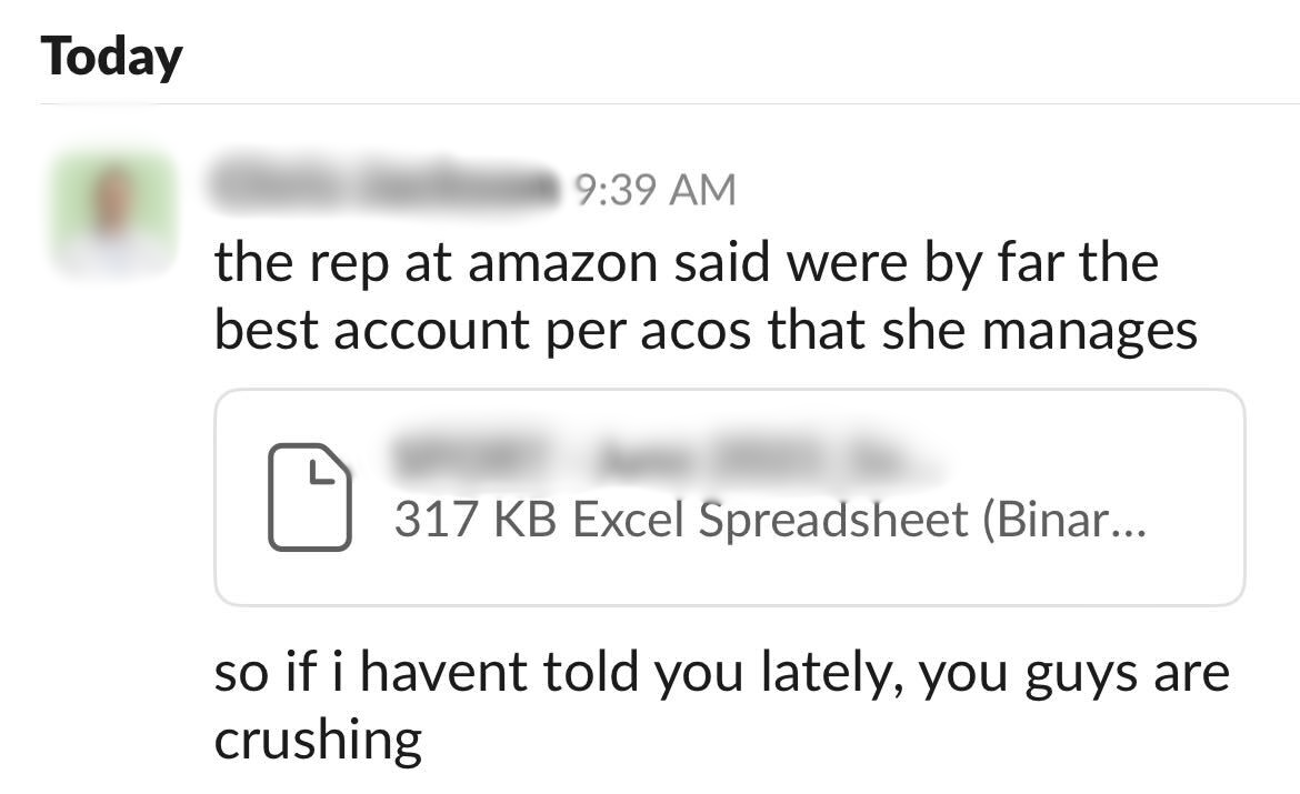 "The rep at Amazon said we were by far the best account per ACOS she manages" quote from BAD Marketing Amazon Client