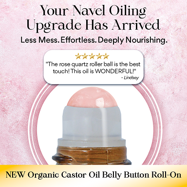 Organic castor oil belly button roll-on with rose quartz roller ball, featuring customer quote praising its touch and nourishing quality.