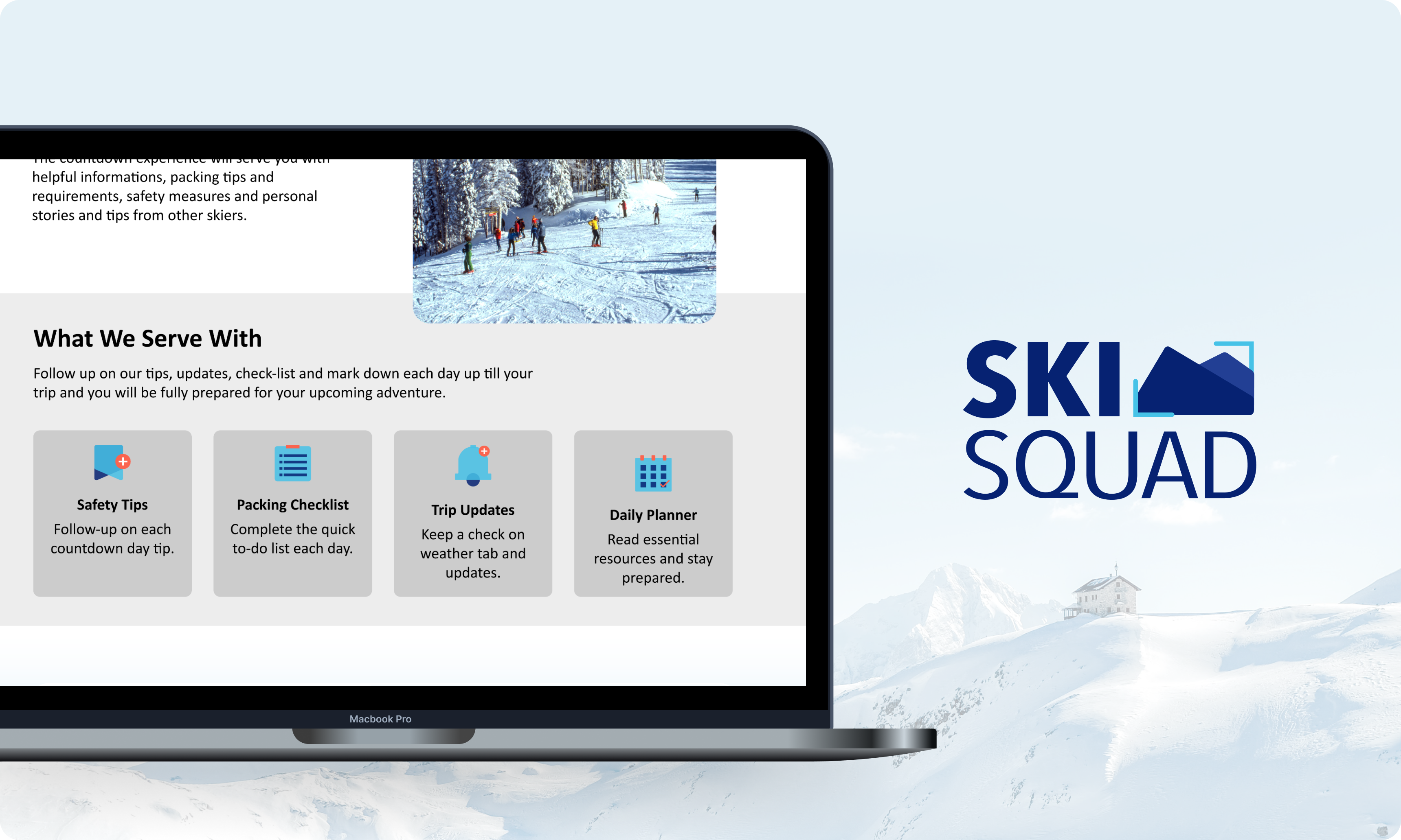 Laptop displaying the sleek web design for Ski Squad along with logo enlarged