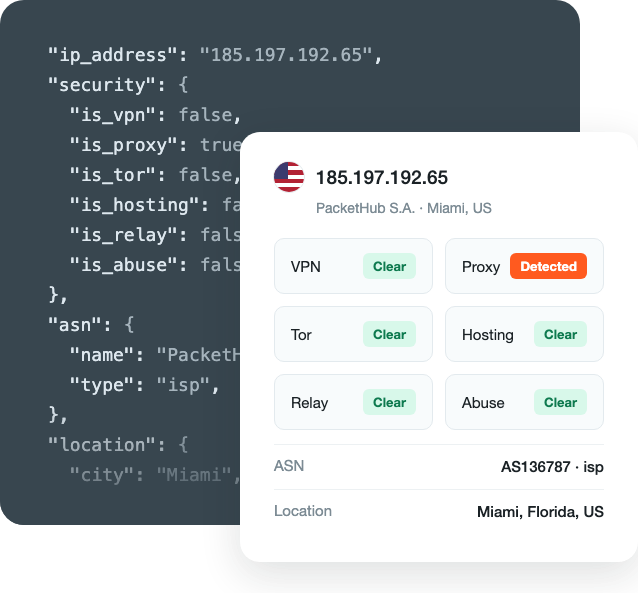 IP Intelligence API response showing VPN, proxy and Tor checks