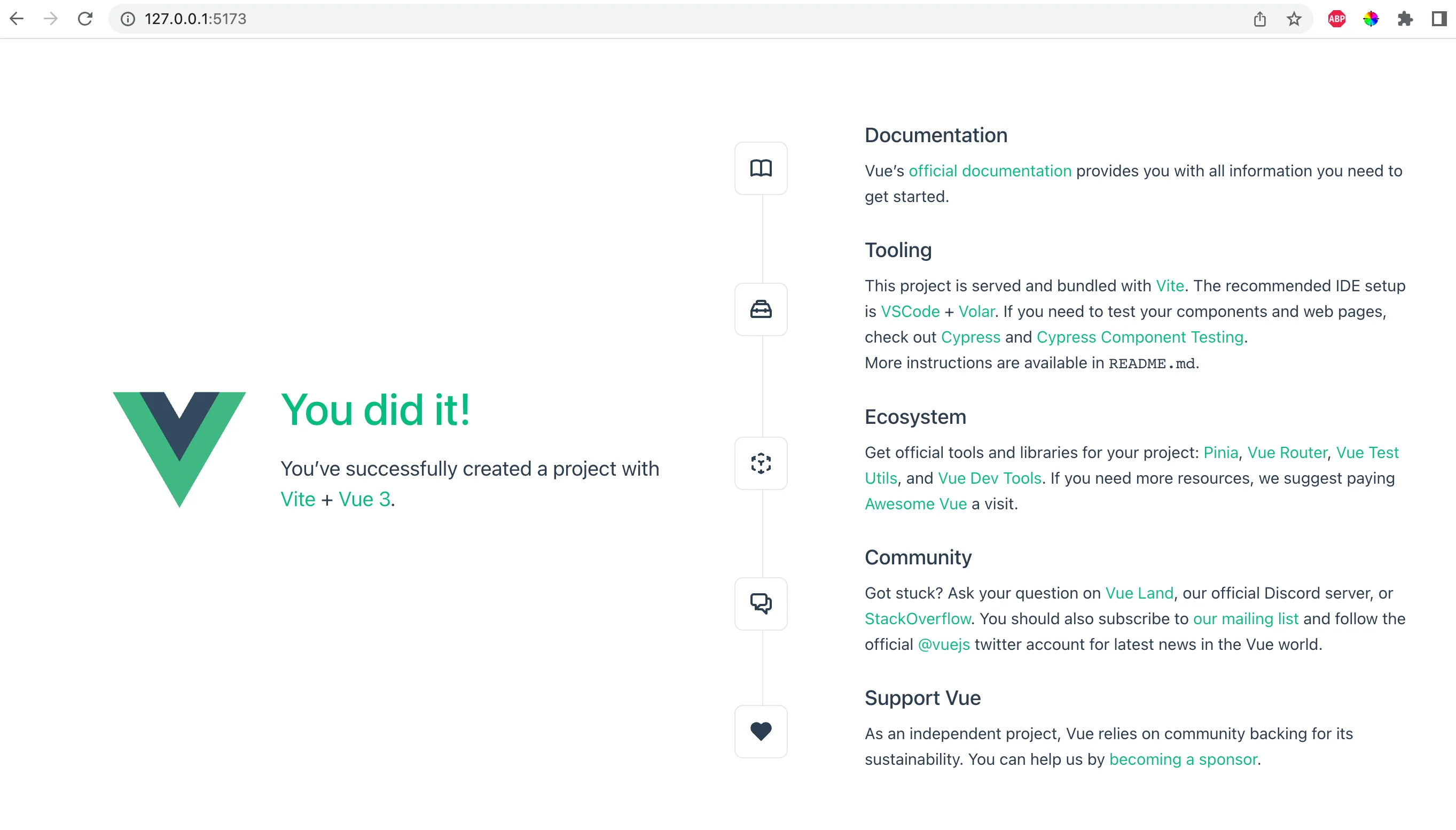 Step 2 illustration: isit http://localhost:5173 in the browser to see your new Vue app