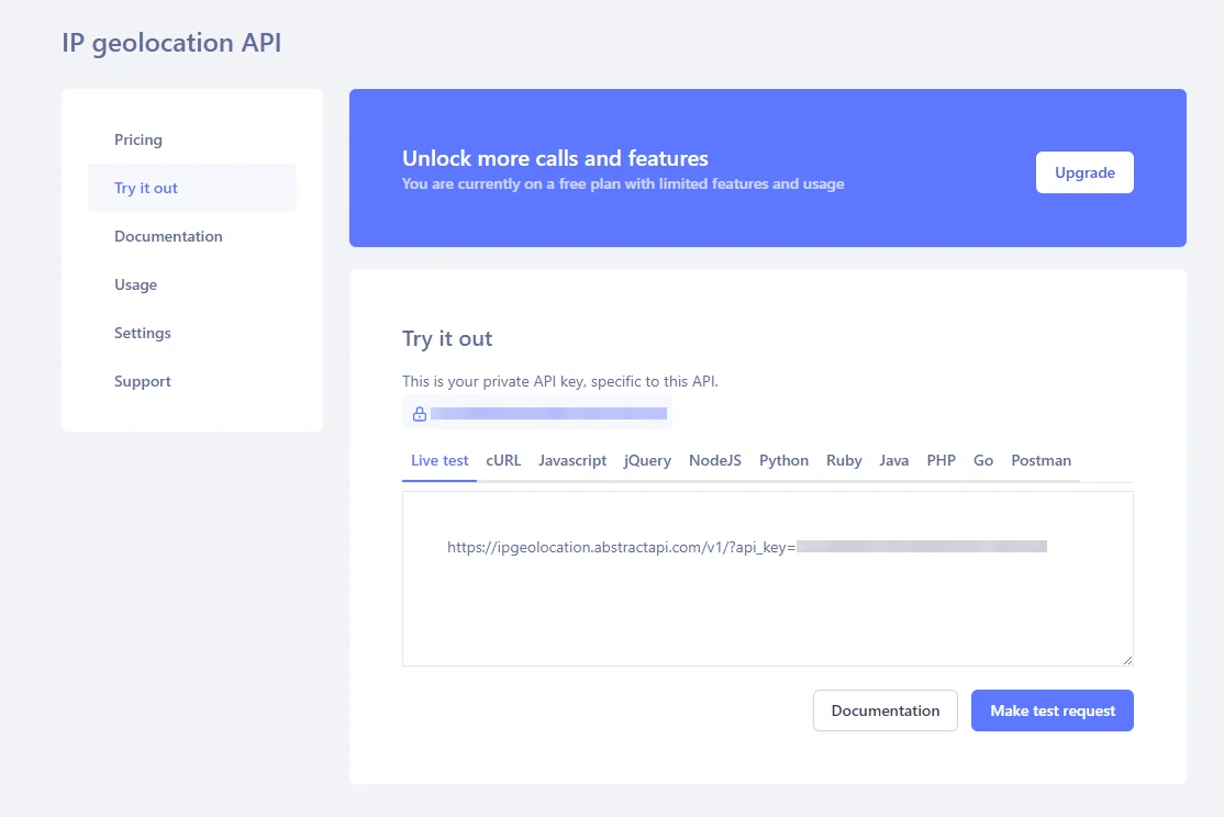 Step 2 illustration: cribe, you will get access to the API dashboard with your API key