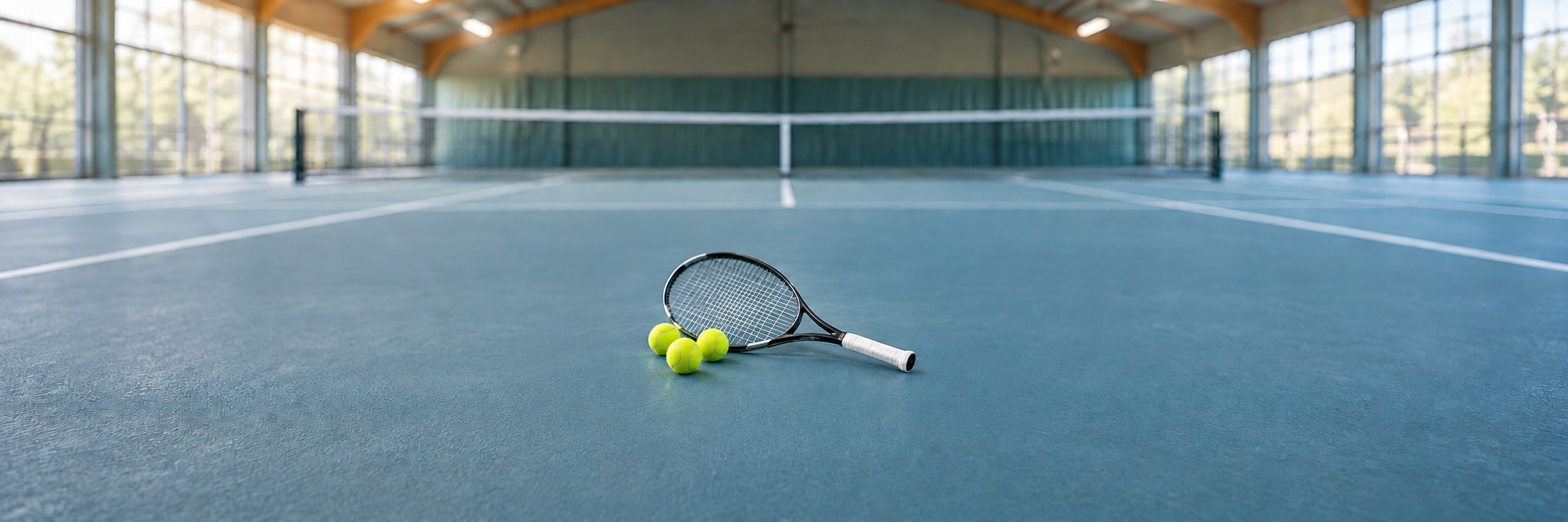 Tennisschläger und drei gelbe Tennisbälle auf einem Hallenplatz.