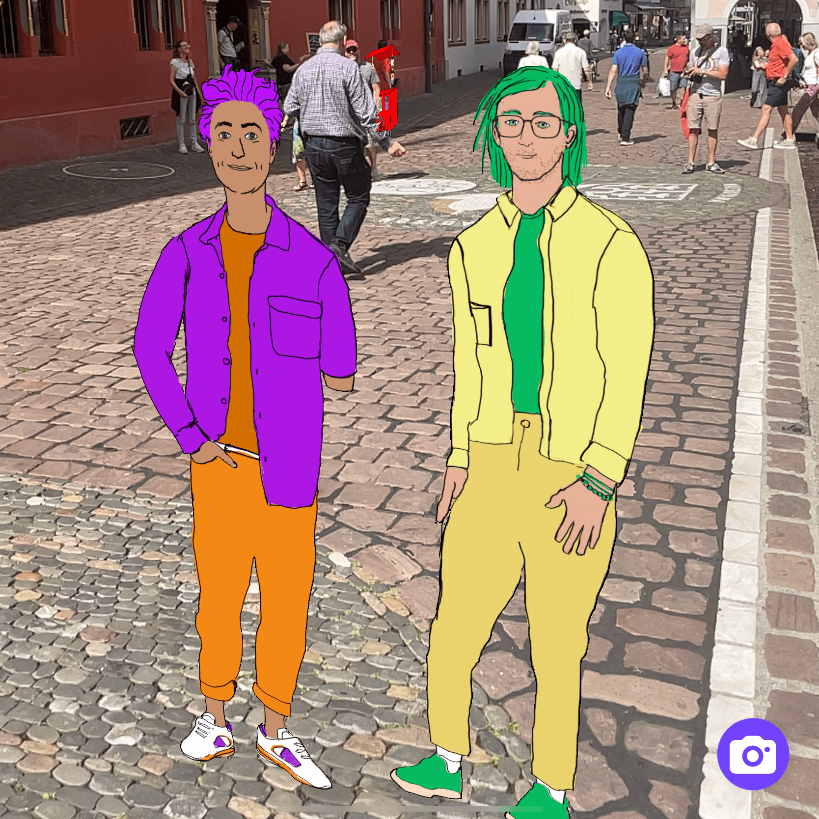 two illustrated cartoon characters standing on a cobblestone street in front of a historic red building with ornate windows and decorative portal. One character wears a purple jacket with orange pants and has purple hair, while the other wears a yellow outfit with green accents and green hair. In the background, tourists and pedestrians can be seen walking along the street. There's a "Zurück zur Karte?" (Back to Map?) button in the top left corner and a camera icon in the bottom right.