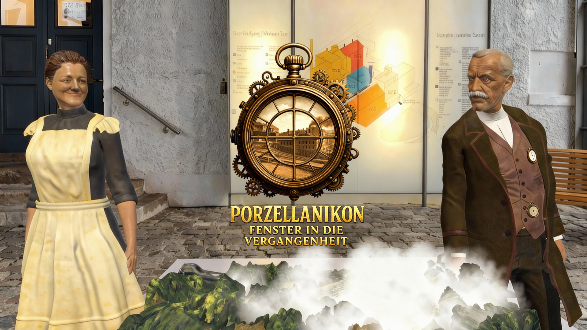 AR characters Martha and Philipp Rosenthal stand outside the Porzellanikon museum entrance, flanking a steampunk-style pocket-watch logo that reads “Porzellanikon – Fenster in die Vergangenheit,” with digital smoke and factory scenery at their feet.
