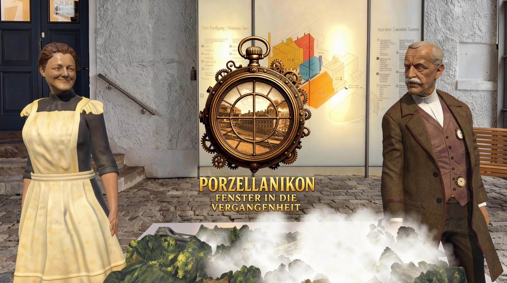 AR characters Martha and Philipp Rosenthal stand outside the Porzellanikon museum entrance, flanking a steampunk-style pocket-watch logo that reads “Porzellanikon – Fenster in die Vergangenheit,” with digital smoke and factory scenery at their feet.