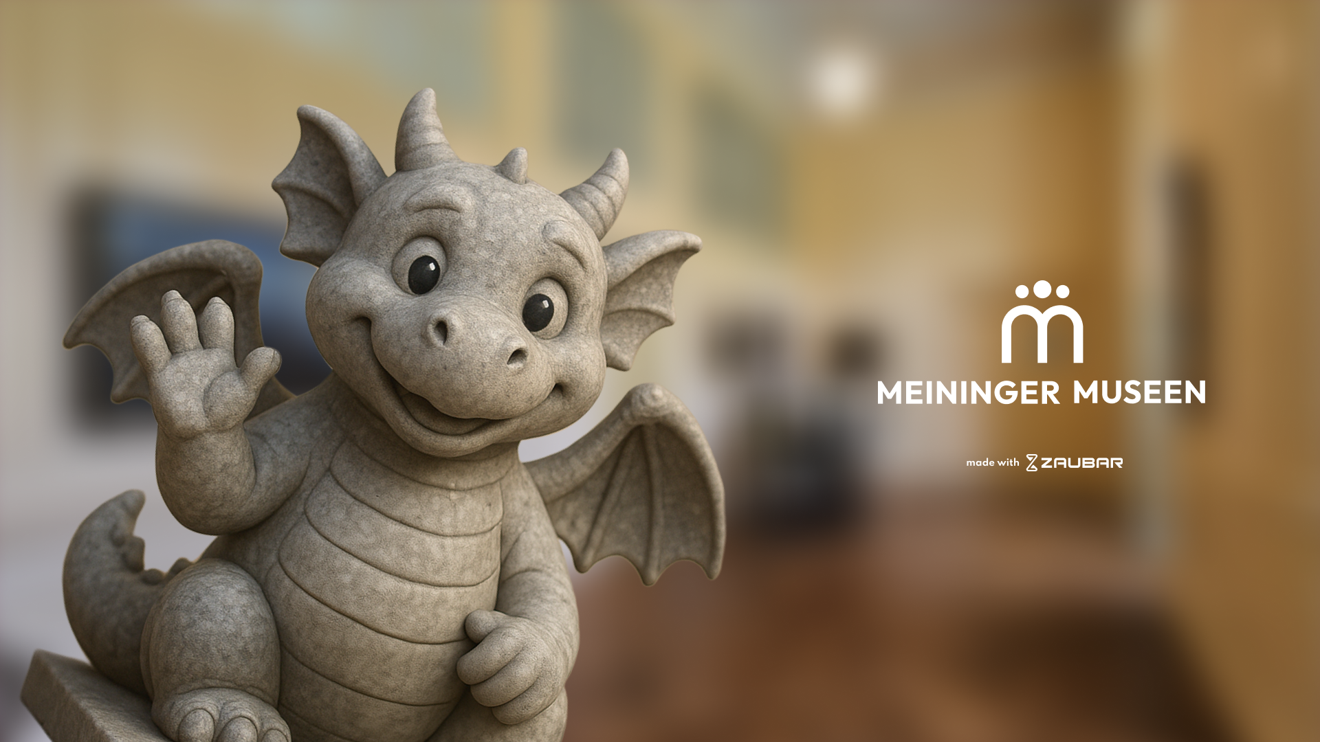 A digital screenshot showing an augmented reality view inside a grand museum hall with a parquet floor and large windows. In the center, a friendly, life-sized 3D animated stone dragon named Bernie stands on the floor and waves. The left and right sides of the image feature a blurred extension of the same scene.