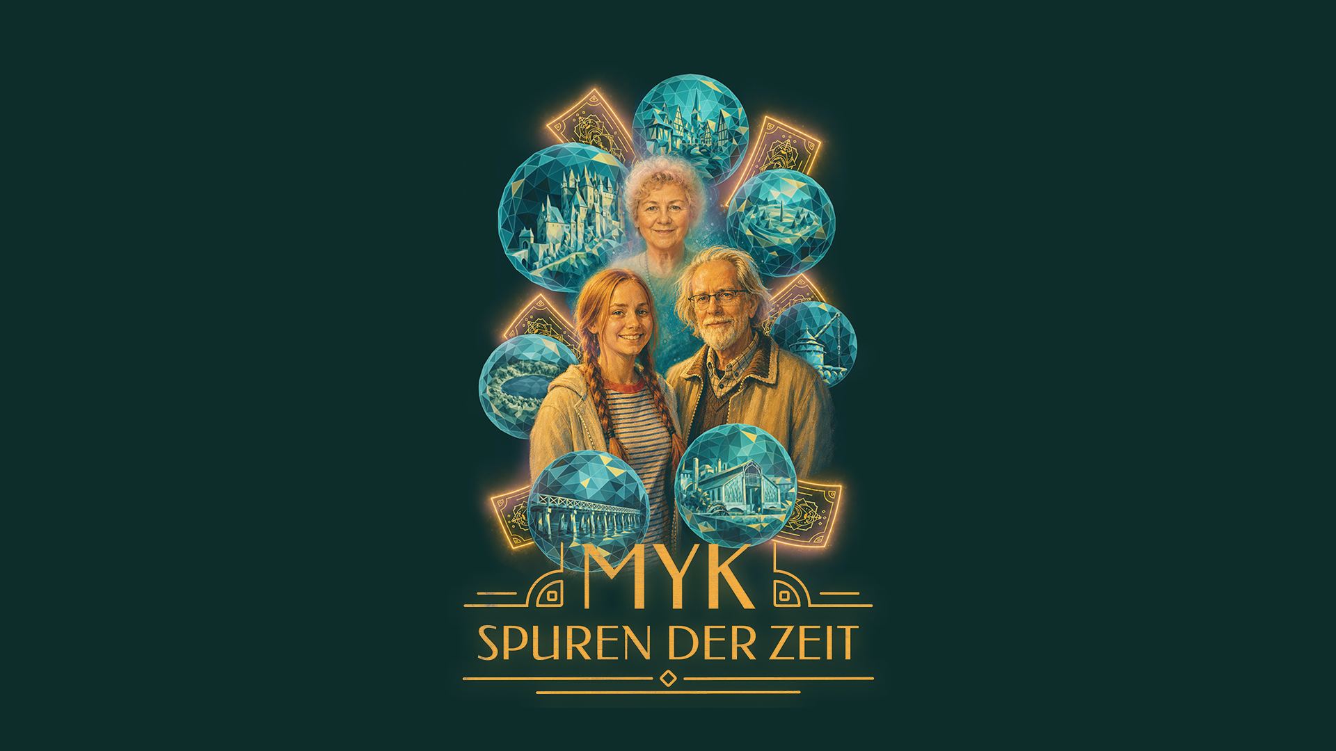 MYK – Spuren der Zeit artwork featuring Maya and her grandparents surrounded by geometric illustrations of Mayen-Koblenz landmarks.