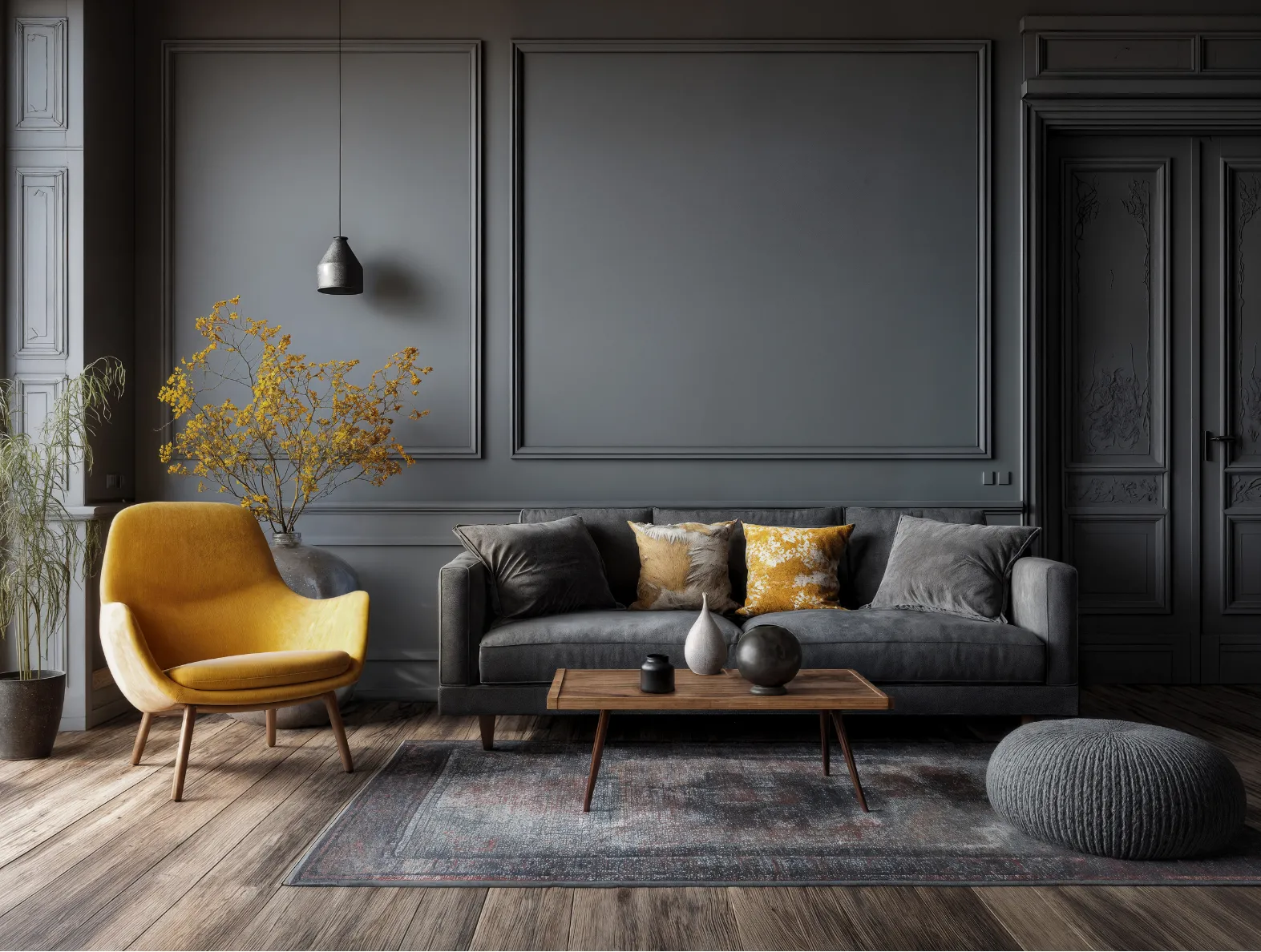 Dark grey living room with a yellow armchair and grey sofa