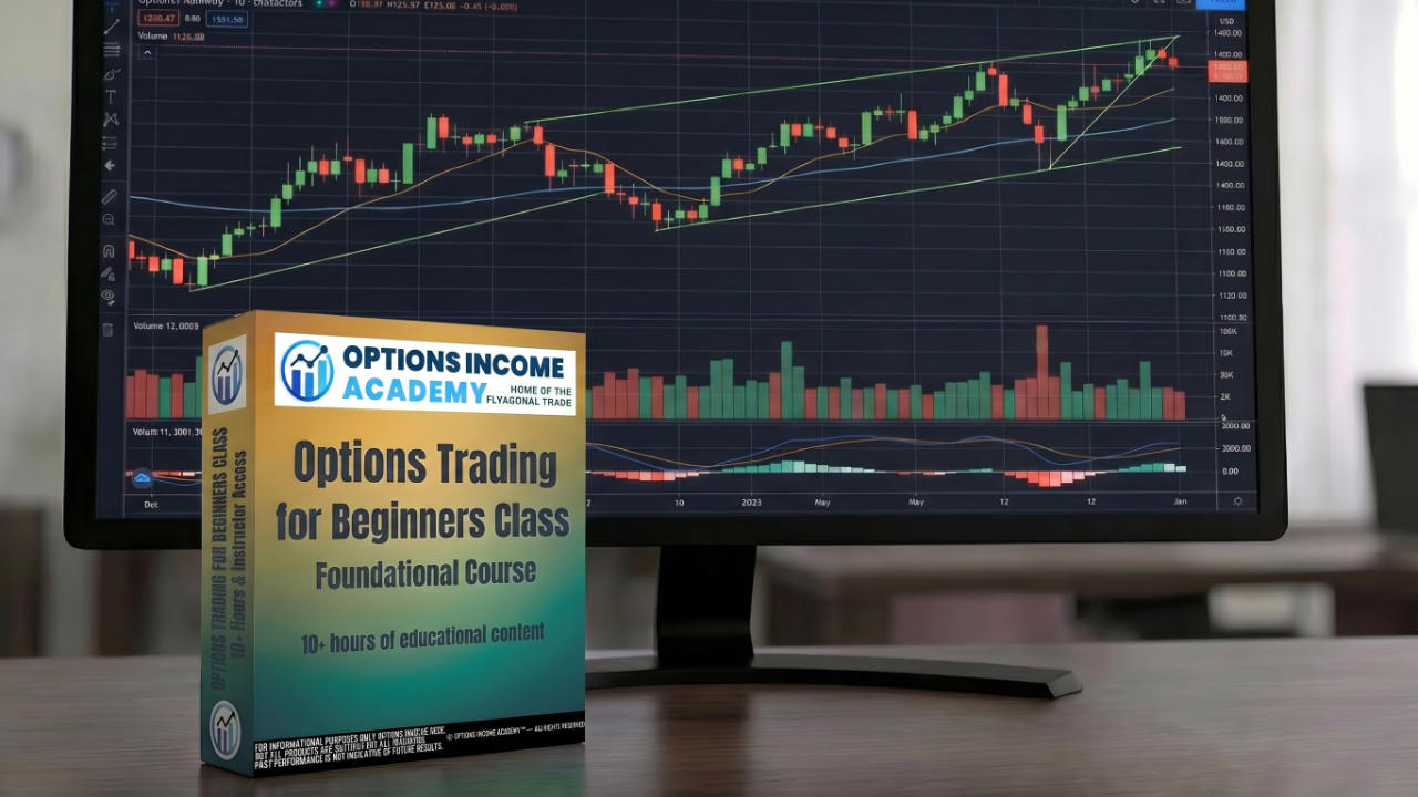 Options Trading for Beginners Class course box on a trading monitor
