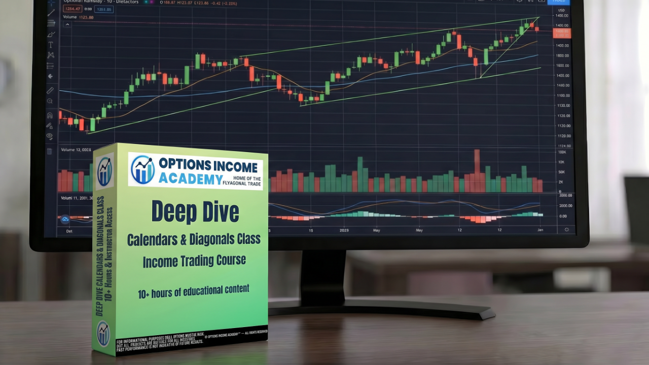 Deep Dive Calendars and Diagonals Class course box on a trading monitor
