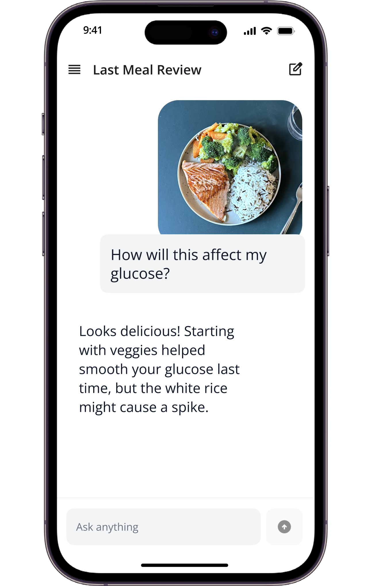 Smartphone screen showing SNAQ AI Coach with a plate of salmon, white rice, and steamed broccoli and carrots, and text about glucose impact.