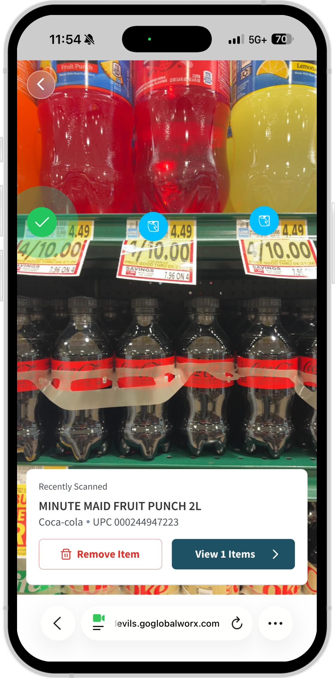 Smartphone screen displaying a grocery store shelf with bottles of Minute Maid Fruit Punch and Coca-Cola Zero Sugar, along with sale price tags showing 4 for $10. A mobile app overlay shows a recently scanned Minute Maid Fruit Punch 2L with options to remove the item or view one item.