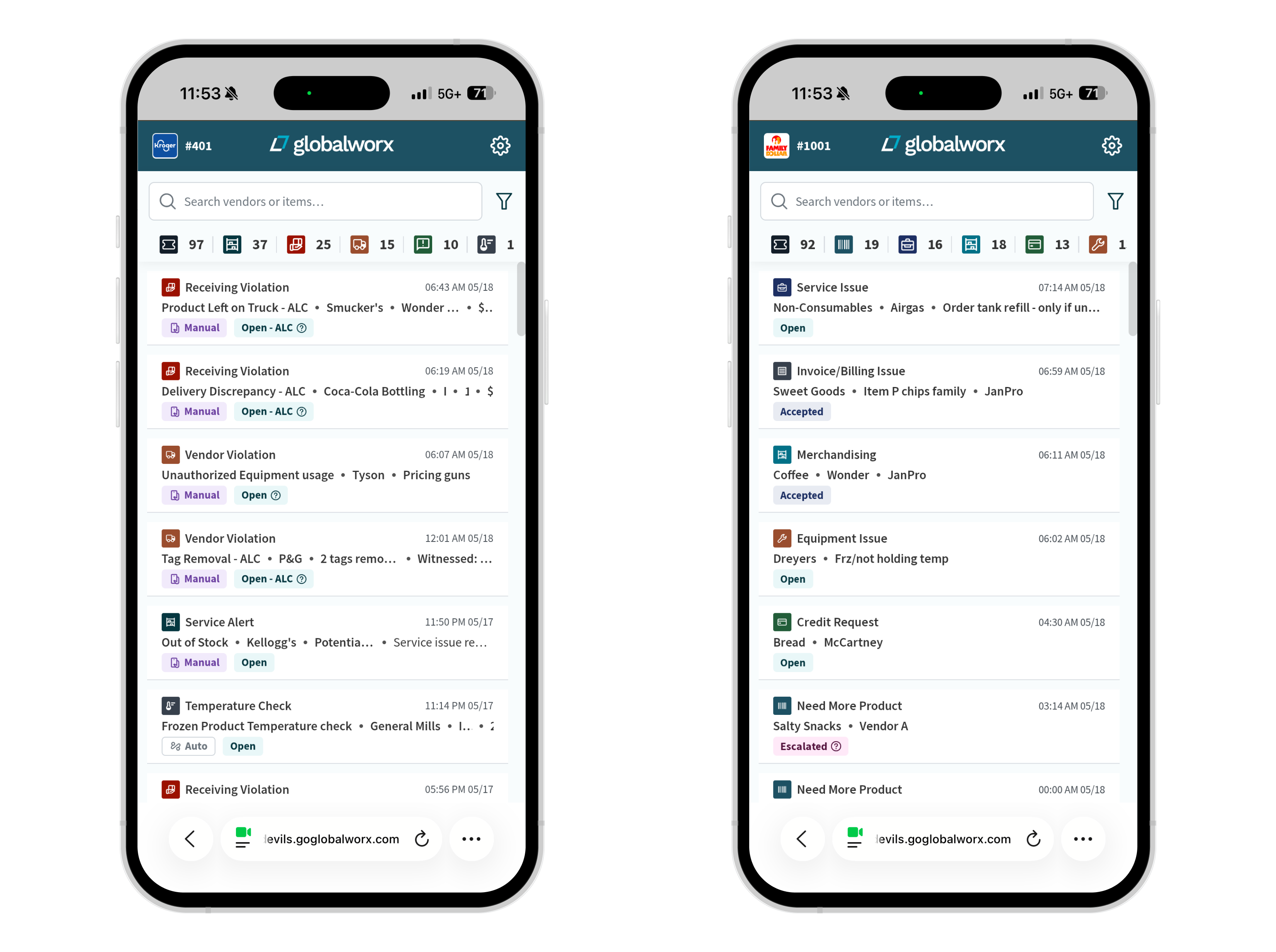 Two smartphones side by side, each displaying the Globalworx app interface. The left phone shows various issue categories like Receiving Violation, Vendor Violation, Service Alert, and Temperature Check with details such as companies, times, and statuses including Manual and Open-ALC. The right phone displays issue categories such as Service Issue, Invoice/Billing Issue, Merchandising, Equipment Issue, Credit Request, and Need More Product with statuses like Open, Accepted, and Escalated. Both have search bars at the top and a toolbar with filters above the issue lists.