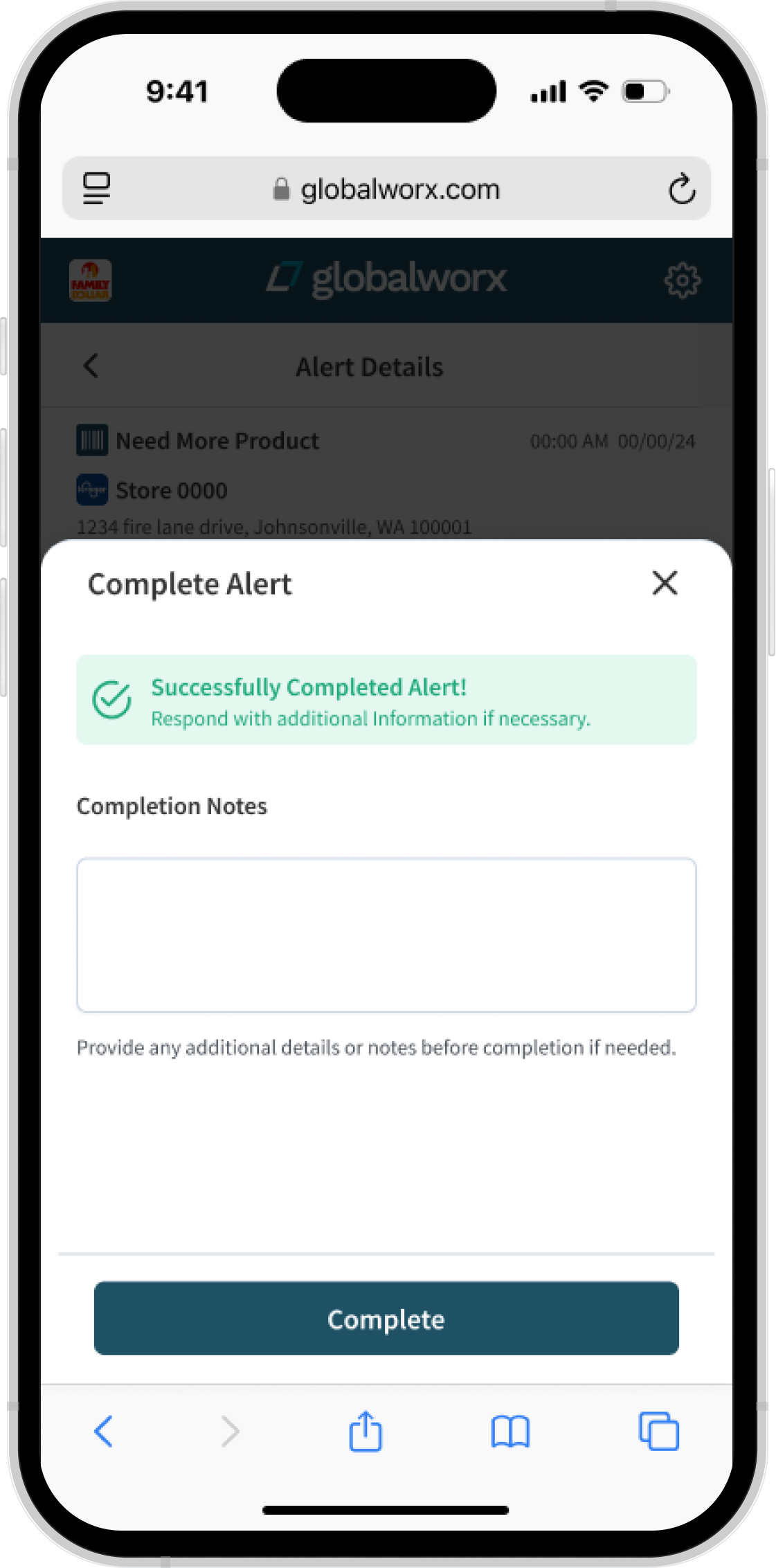 Mobile screen showing a completed alert on globalworx.com for Store 0000 with message 'Successfully Completed Alert! Respond with additional Information if necessary.' There is a text box for completion notes and a blue Complete button below.