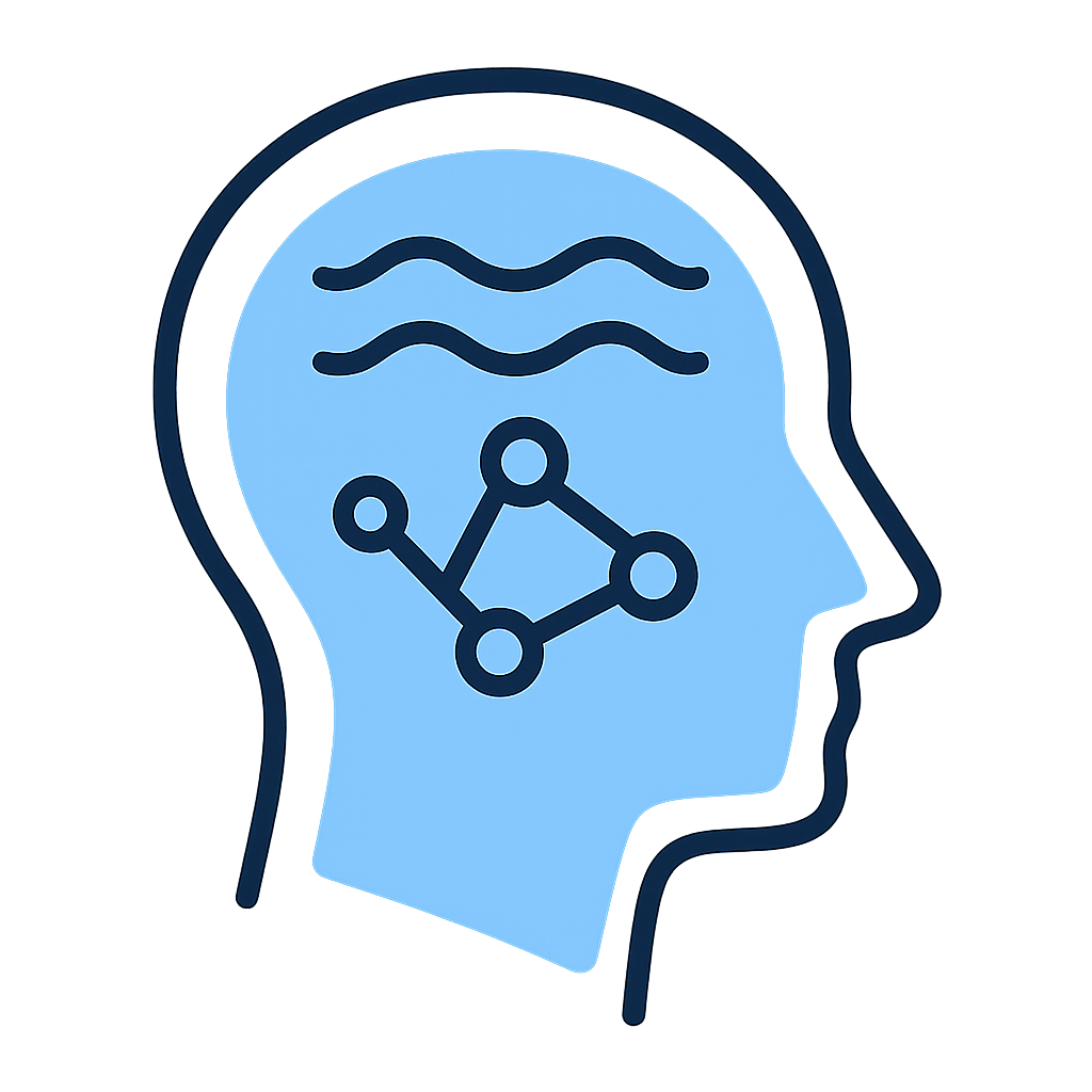 Cartoonish brain with wavvy lines and a simple chemical compoundto represent thoughts and medicine