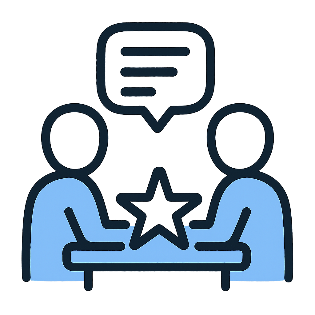 Two Cartoonish people speaking together over a table