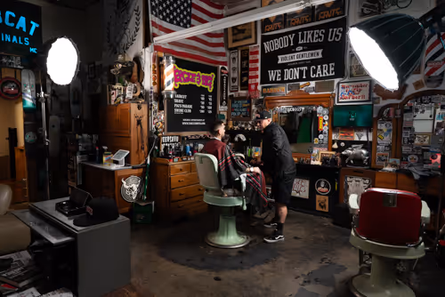 A cinematic image of our clients shop with studio lighting in frame