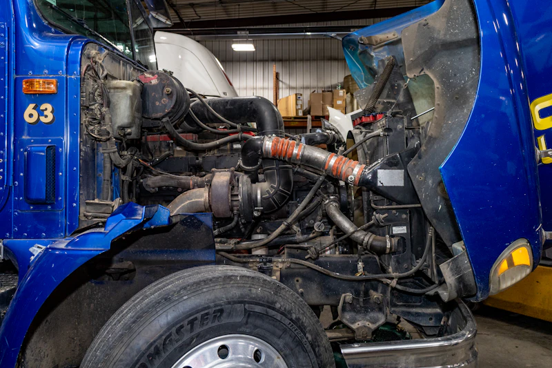 blue semi truck with the hood up or a repair 