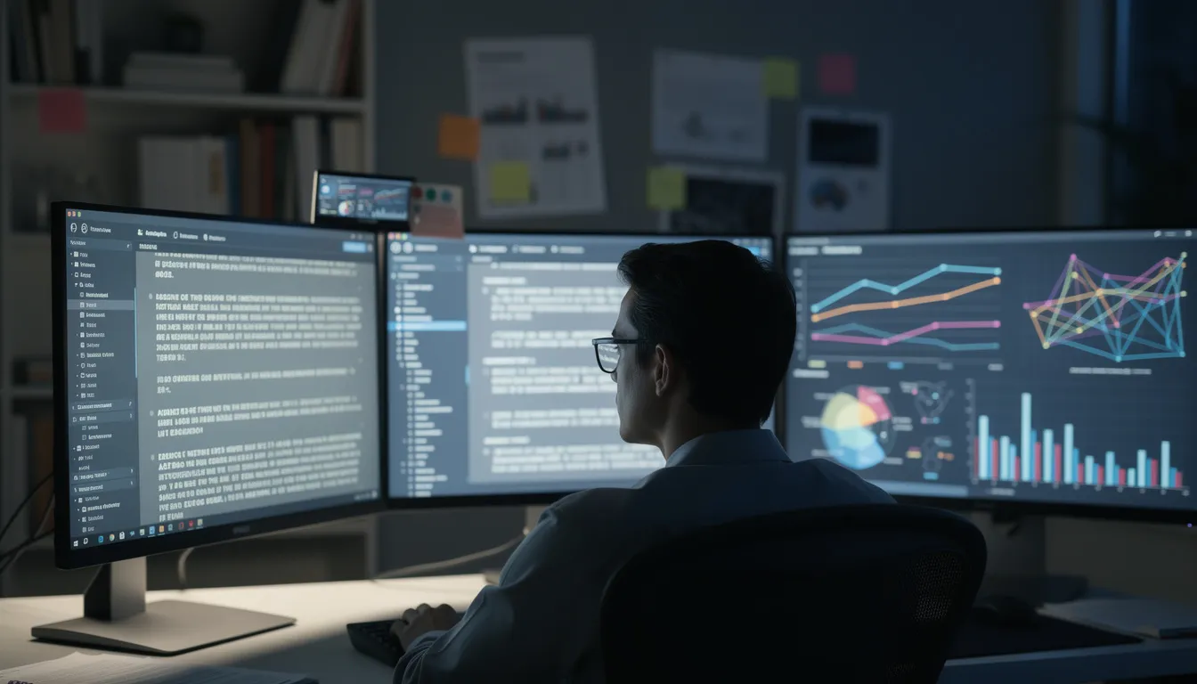 The image depicts a researcher intently analyzing multiple screens filled with interview transcripts and data visualizations, showcasing the use of advanced analytics and AI tools in market research. This setup illustrates the integration of technology in the research process, enabling deeper insights into consumer behavior and market trends.