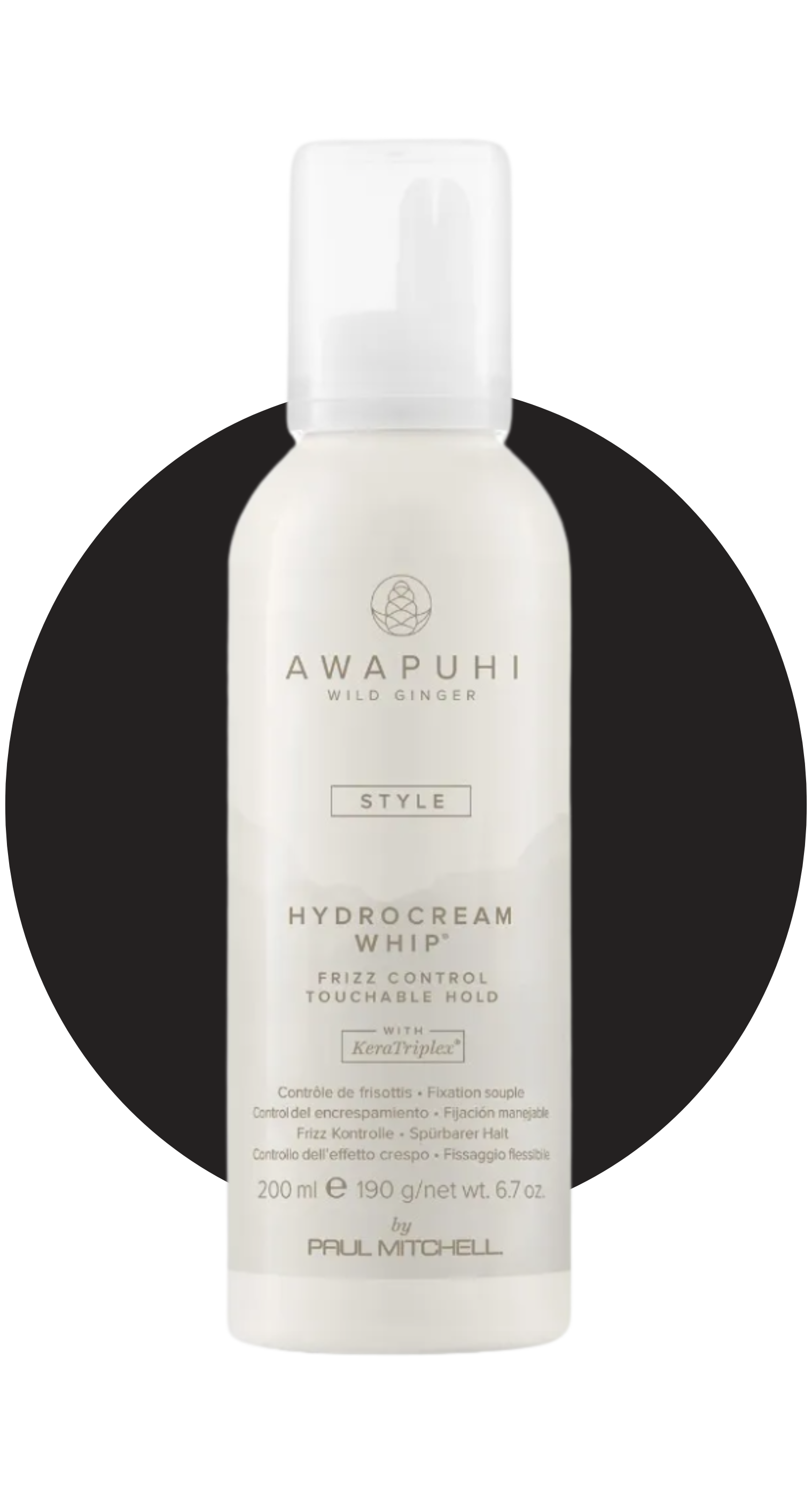 Bottle of Awapuhi Wild Ginger Hydrocream Whip frizz control styling product by Paul Mitchell.